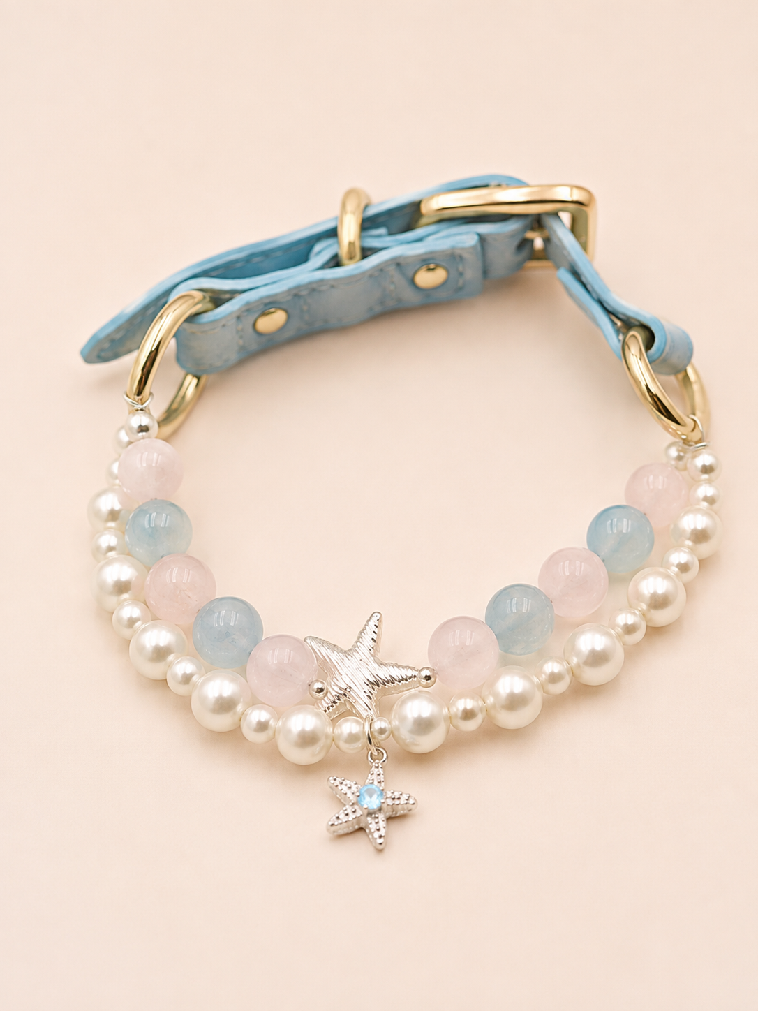 Seaside Blush Rose Quartz & Aquamarine Pet Collar