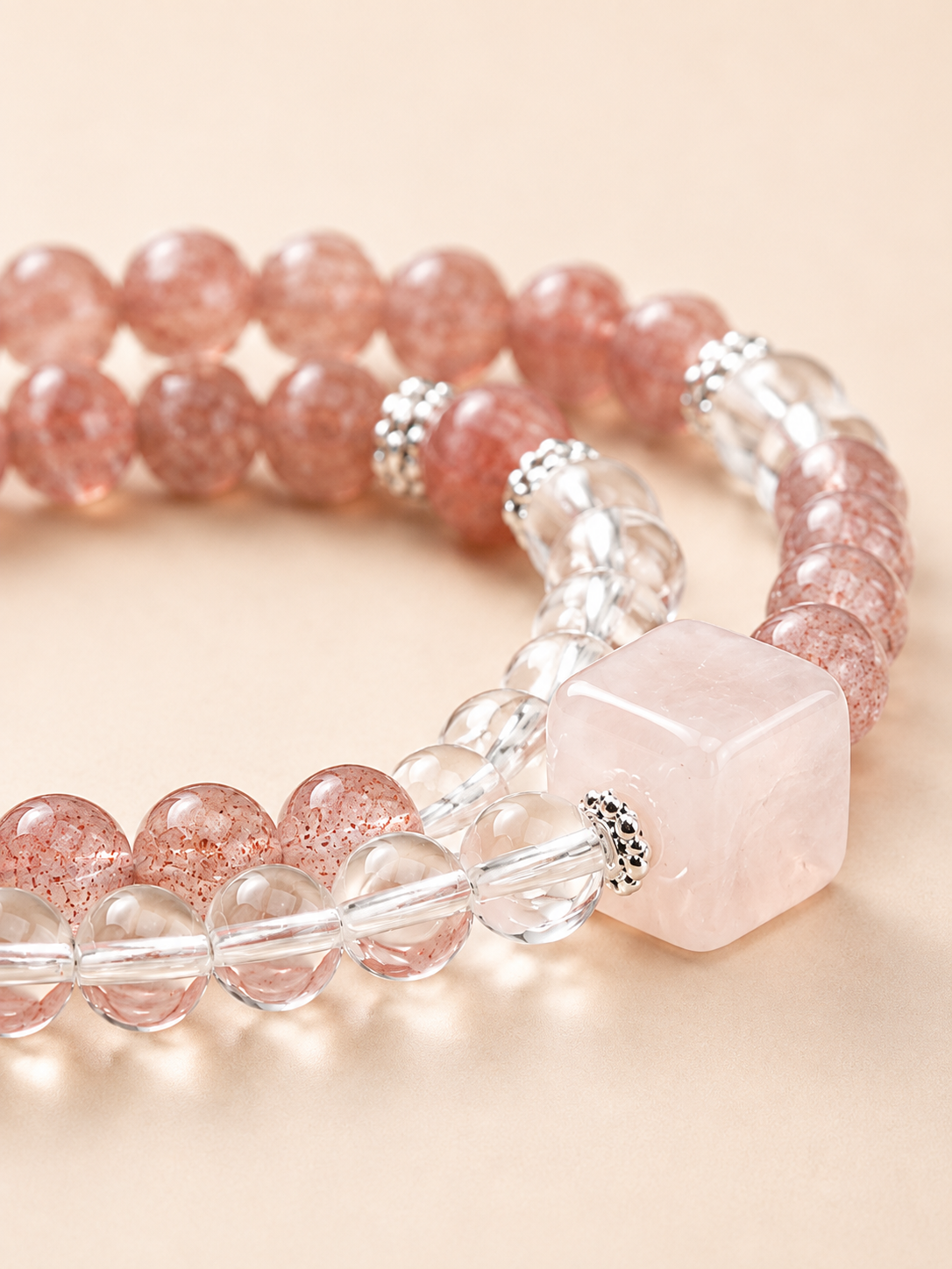 Blush Harmony Strawberry Quartz & Rose Quartz Double-Strand Bracelet
